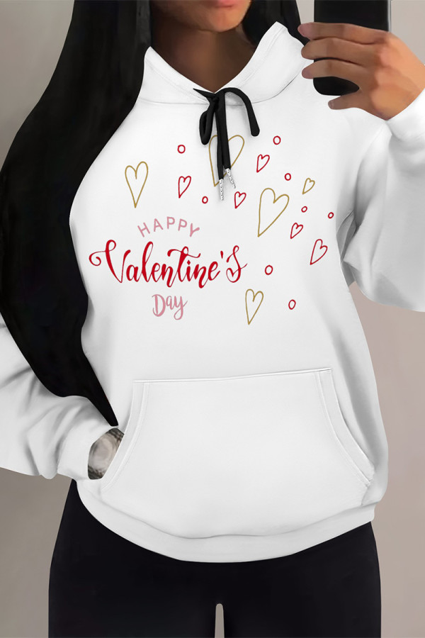 White Red Casual Skull Love Print Letters Draw String Pocket Hooded Tops