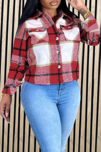Burgundy Casual Plaid Pocket Buckle Patchwork Turndown Collar Outerwear