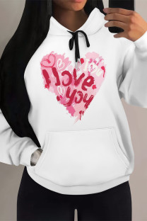 White Pink Casual Skull Love Print Letters Draw String Pocket Hooded Tops