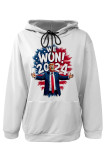 White Blue Street Figure Print Letters Draw String Pocket Hooded Tops