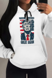 White Blue Street Figure Print Letters Draw String Pocket Hooded Tops