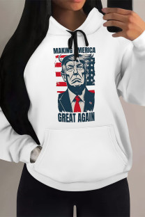 White Street Figure Print Letters Draw String Pocket Hooded Tops