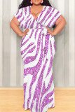 Cyan Casual Print Patchwork Strap Design V Neck Long Plus Size Dresses