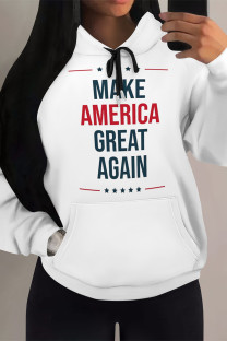 White Blue Red Street Figure Print Letters Draw String Pocket Hooded Tops