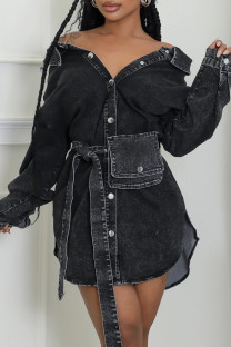 Black Casual Solid Color Pocket Buckle Patchwork Turndown Collar Long Sleeve Regular Denim Jacket