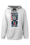 White Blue Street Figure Print Letters Draw String Pocket Hooded Tops