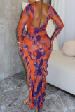 Tangerine Red Elegant Print Patchwork Ruffled Trim O Neck Irregular Dresses