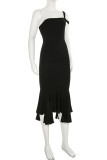 Black Elegant Solid Color Patchwork Oblique Collar Irregular Dresses