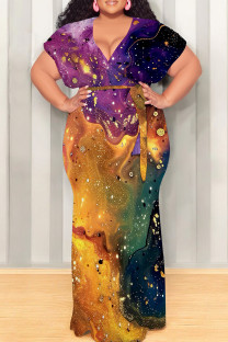 Purple Orange Casual Print Patchwork Strap Design V Neck Long Plus Size Dresses