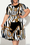 Black And White Casual Plaid Chain print Leopard Patchwork Contrast O Neck Printed Plus Size Dresses