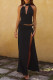 Black Sexy Solid Color Hollow Out Patchwork High Slit O Neck Sleeveless Two Pieces