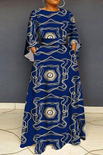 Dark Blue Casual Print Pocket Patchwork O Neck Long Plus Size Dresses
