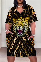 Leopard Print Casual Animal Print Chain print Pocket Contrast V Neck Printed Plus Size Dresses