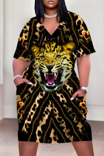 Leopard Print Casual Animal Print Chain print Pocket Contrast V Neck Printed Plus Size Dresses