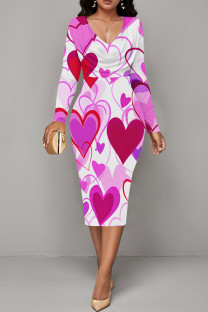 Rose Pink Elegant Love Print Lips Contrast V Neck Printed Dresses