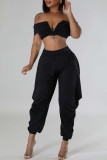 Black Casual Solid Color Patchwork Backless Ruched V Neck Two Pieces