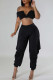 Black Casual Solid Color Patchwork Backless Ruched V Neck Two Pieces