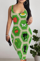 Green Sexy Plaid Graffiti Print Four Leaf Clover Contrast U Neck Printed Dresses