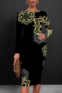 Black Elegant Floral Print Contrast O Neck Printed Dresses