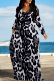 White Casual Leopard Print Pocket Contrast O Neck Printed Dresses