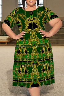 Green Casual Plaid Chain print Leopard Patchwork Contrast O Neck Printed Plus Size Dresses