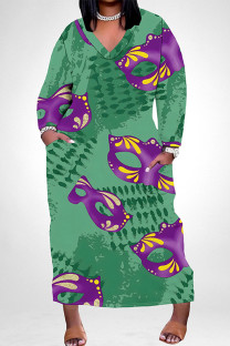 Green Casual Graffiti Print Mask Pocket Contrast V Neck Printed Plus Size Dresses