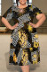 Dark Brown Casual Plaid Chain print Leopard Patchwork Contrast O Neck Printed Plus Size Dresses