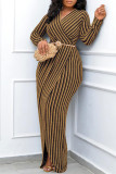 Yellow Casual Stripe Patchwork V Neck Long Dresses