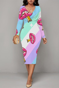 Multicolor Elegant Love Print Lips Contrast V Neck Printed Dresses