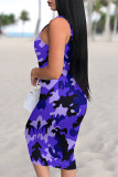 Orange Sexy Camouflage Print Leopard Contrast U Neck Printed Dresses