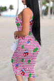 Green Sexy Plaid Graffiti Print Four Leaf Clover Contrast U Neck Printed Dresses