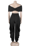 Black Casual Solid Color Patchwork Backless Ruched V Neck Two Pieces
