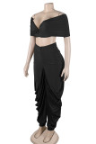 Black Casual Solid Color Patchwork Backless Ruched V Neck Two Pieces