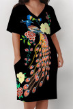 Black Casual Animal Print Chain print Pocket Contrast V Neck Printed Plus Size Dresses