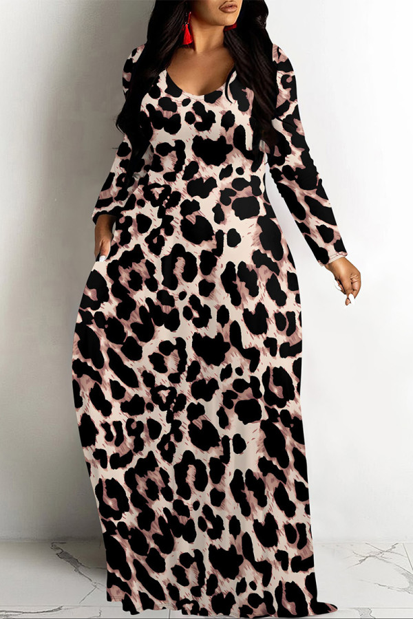 Leopard Print Casual Leopard Print Pocket Contrast O Neck Printed Dresses