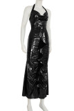 Silver Elegant Solid Color Patchwork Backless Halter Long Dresses