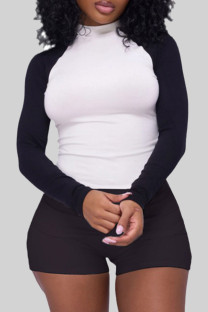 Black Casual Patchwork Contrast O Neck Long Sleeve Two Pieces