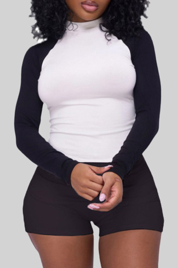 Black Casual Patchwork Contrast O Neck Long Sleeve Two Pieces