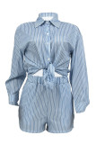 Pink Casual Stripe Pocket Buckle Patchwork Shirt Collar Long Sleeve Two Pieces