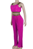 Pink Casual Geometric Print Patchwork Spaghetti Strap Sleeveless Two Pieces