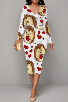 White Yellow Elegant Love Print Lips Contrast V Neck Printed Dresses