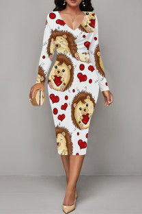 White Yellow Elegant Love Print Lips Contrast V Neck Printed Dresses