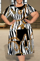 Black And White Casual Plaid Chain print Leopard Patchwork Contrast O Neck Printed Plus Size Dresses