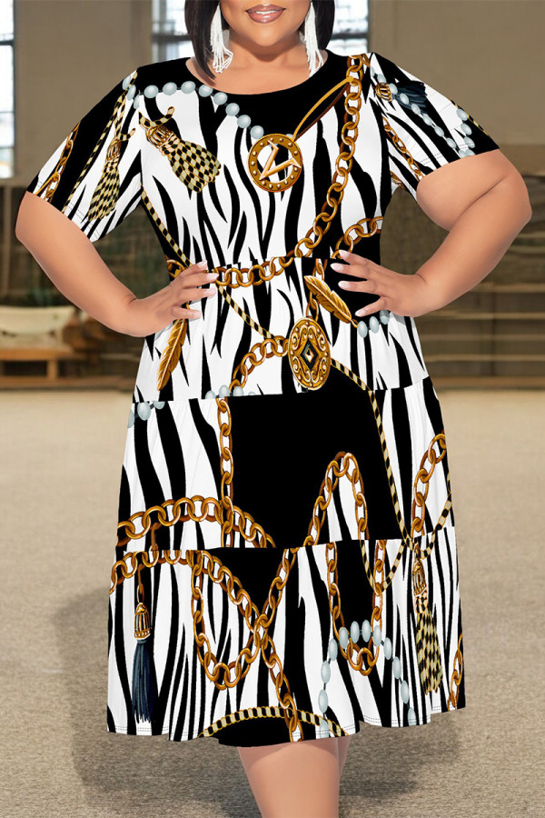 Black And White Casual Plaid Chain print Leopard Patchwork Contrast O Neck Printed Plus Size Dresses