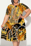Black And White Casual Plaid Chain print Leopard Patchwork Contrast O Neck Printed Plus Size Dresses