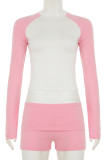 Pink Casual Patchwork Contrast O Neck Long Sleeve Two Pieces