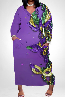 Purple Casual Graffiti Print Mask Pocket Contrast V Neck Printed Plus Size Dresses