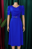 Red Casual Solid Color Ruched With Belt Zipper O Neck Long Dresses