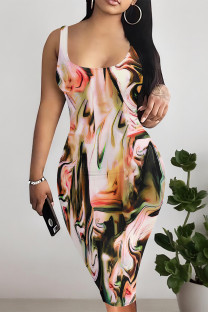 Orange Sexy Camouflage Print Leopard Contrast U Neck Printed Dresses