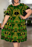 Black And White Casual Plaid Chain print Leopard Patchwork Contrast O Neck Printed Plus Size Dresses